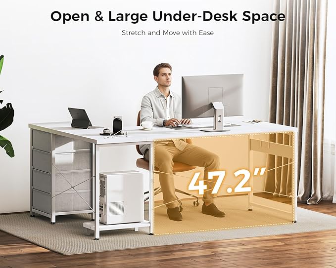 AODK L Shaped Gaming Desk with 4 Drawers 61 Reversible Home Office Desks with Power Outlets L Shaped Computer Desk with USB Charging Port and Host Stand Corner Desk Easy to Assemble White