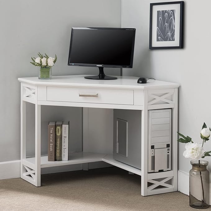 Leick Home Sage Corner Office Desk Solid Wood with Drop Front Keyboard Drawer White 85430