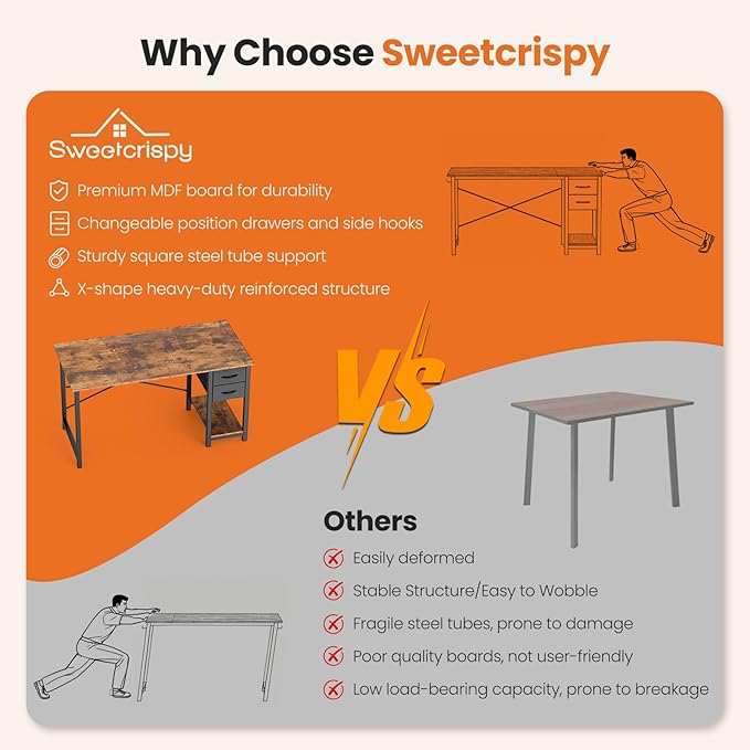 Sweetcrispy 40 Inch Computer Desk with Drawers for Home Office Writing Desk with X-Shaped Reinforcement Wood Table with Adjustable Position Drawers Modern Study Work Table with Side Hook Rust