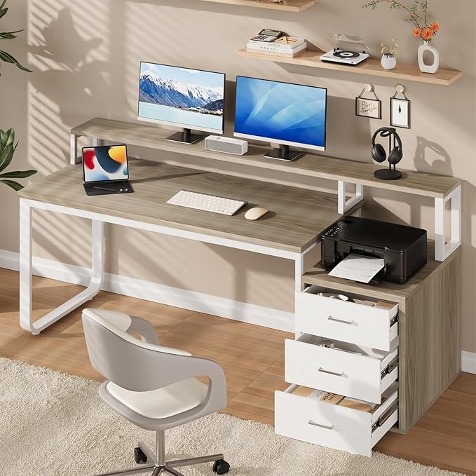 67'' Home Office Desk with Drawers Computer Desk with Drawers and LED Lights Long Desk with Moniter Stand White and Walnut