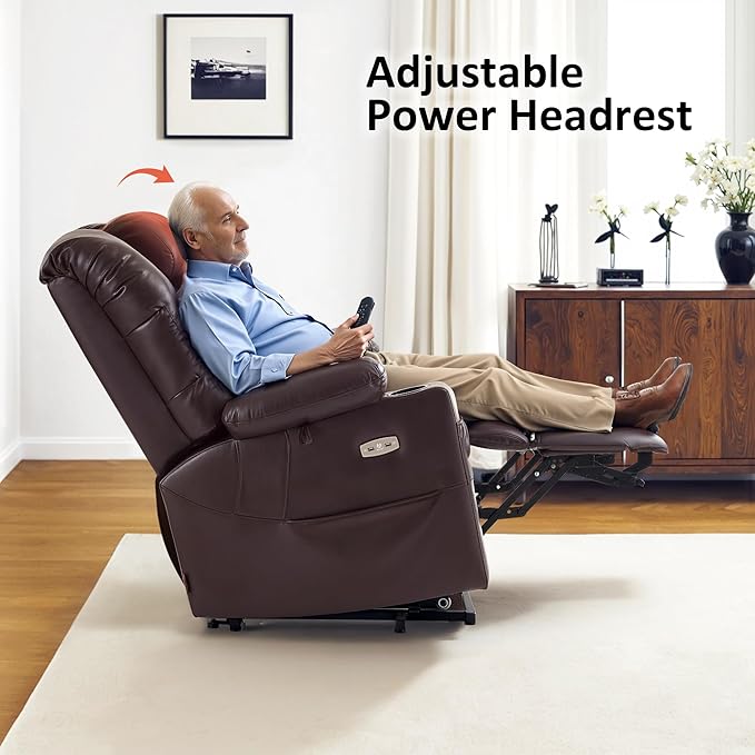 MCombo Large Triple Motor Power Lift Recliner Chair with Massage and Dual Heating Adjustable Headrest for Tall Elderly People Faux Leather 7634 (Dark Brown Large)