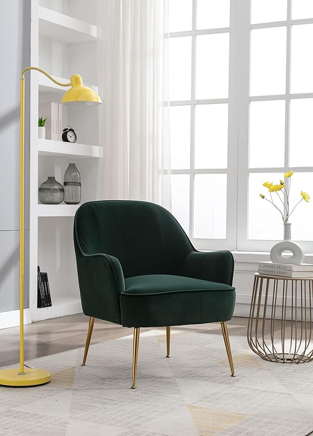 Modern Ergonomics Soft Velvet Fabric Material Accent Chair with Gold Legs and Adjustable Feet Screws for Indoor Home Living RoomDark Green