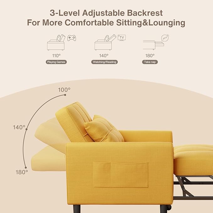 Aiho Convertible Sleeper Sofa Chair Bed 3-in-1 Adjustable with Pillow &amp Pocket - Multi-Functional in Modern Linen Fabric for Apartment Yellow