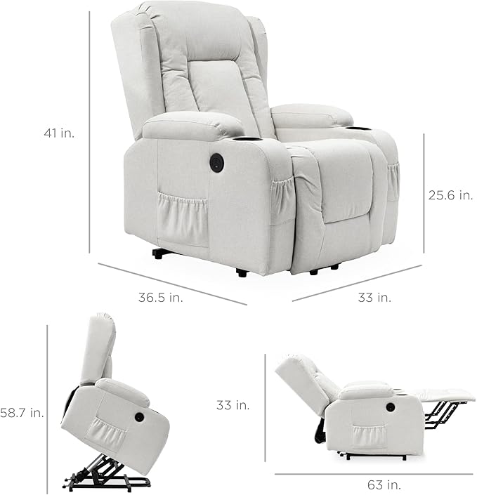 Best Choice Products Modern Linen Electric Power Lift Chair Recliner Massage Chair Adjustable Furniture for Back Legs w/ 3 Positions USB Port Heat Cupholders Easy-to-Reach Button - Ivory