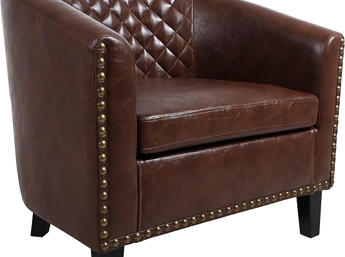 Accent Barrel Chair Living Room Chair with Nailheads and Solid Wood Legs Brown pu Leather