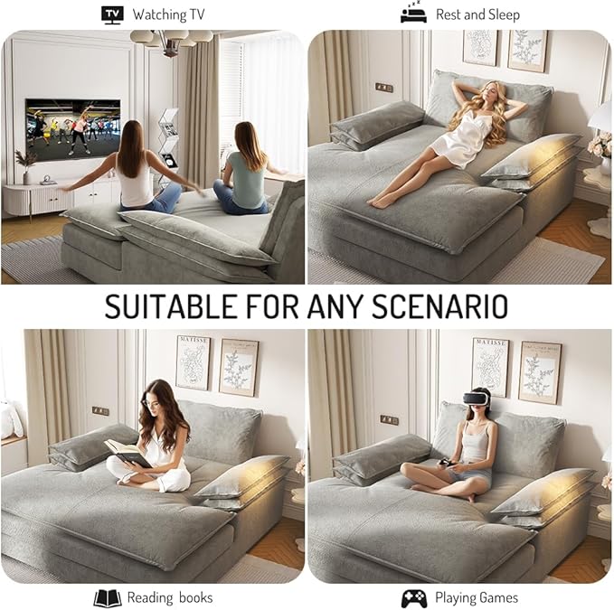 80 Oversized Double Chaise Lounge Chair Indoor Comfy Chenille 2 Seater Cloud Sofa Couch Modern Loveseat Sleeper Recliner with Wide Armrests for Living Room Bedroom Apartment Grey
