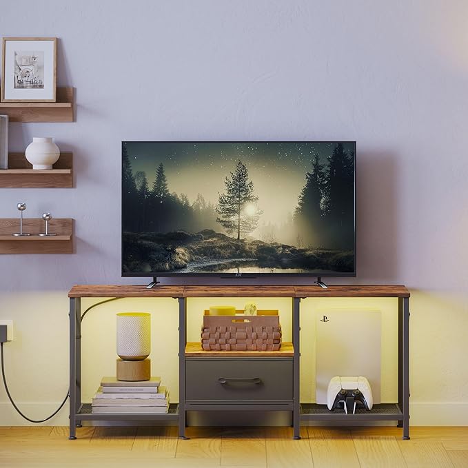 LED TV Stand with Fabric Drawer Entertainment Center for 50 55 Inch TV Industrial TV Console Table with Open Storage Shelves for Living Room Bedroom Rustic Brown