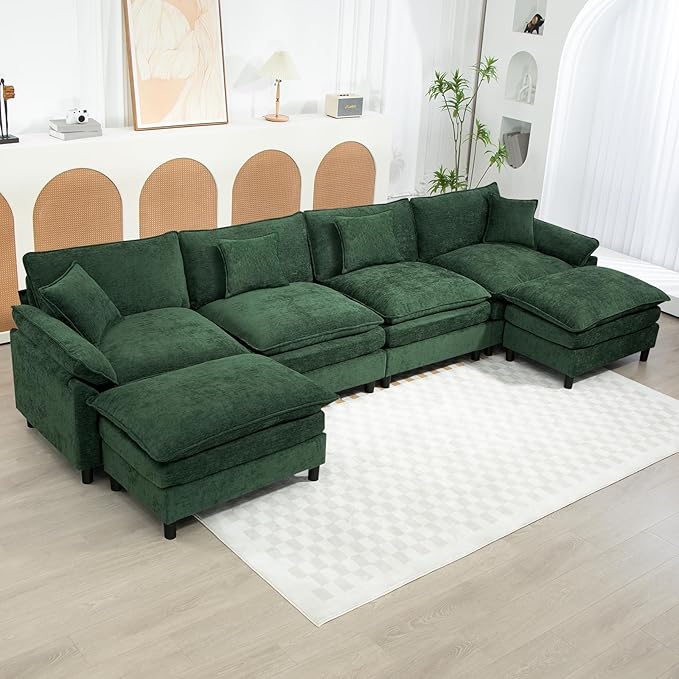Oversized Modular Sectional Sofa 146.5 Inch U Shaped Cloud Couch Set 4-Seat Comfy Convertible Sofa with 2 Movable Ottoman DIY Combination Sleeper Couch for Living Room(Chenille Green)