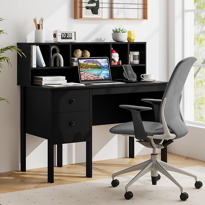 LDAILY Modern Home Office Desk with Hutch Office Desk with USB Charging Ports and Power Outlets Computer Desk with 5 Storage Cubbies and 2 Drawers Writing Study Desk for Bedroom (Black)