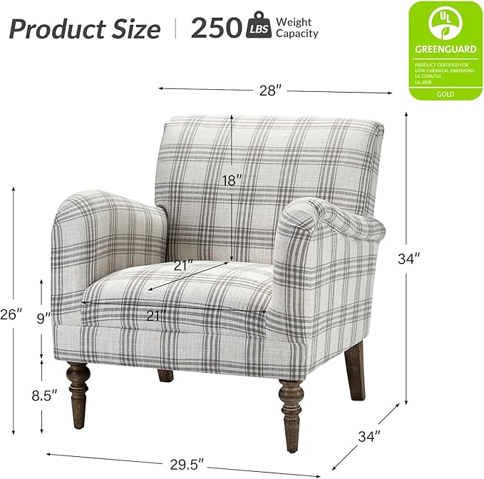 HULALA HOME Modern Accent Chair with Arms and Wooden Legs Comfy Upholstered Armchair for Living Room Bedroom (Plaid Pattern Grey)