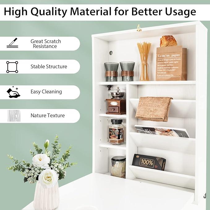 Tangkula Foldable Wall Mounted Desk Floating Table with Storage Shelves &amp Hooks Space-Saving Fold-Up Murphy Desk for Small Spaces Home Office Dorm Room