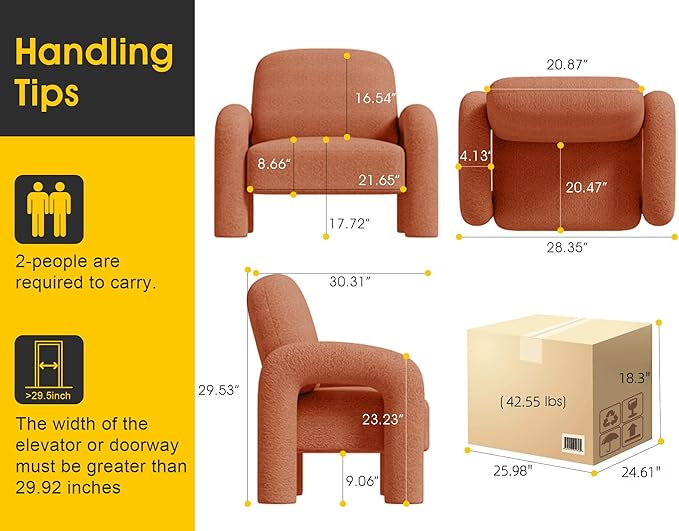 Modern Sherpa Accent Chair Teddy Upholstered Arm Single Sofa Cozy Fluffy Reading Chair for Living Room Bedrooms Corner (Orange)