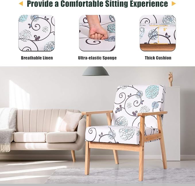 Giantex Mid Century Accent Arm Chair Comfortable Modern Fabric Armchair w/Rubber Wood Pretty Pattern Soft Sponge Decorative Retro Accent Chair for Living Room