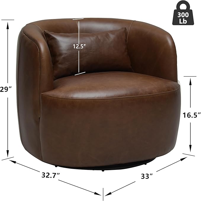 KINWELL 33''W 100% Top Grain Genuine Leather Swivel Barrel Armchair No Assembly Round Upholstered Leather Accent Chairs with Toss Pillow for Living Room Office Lounge (Dark Brown Genuine Leather)