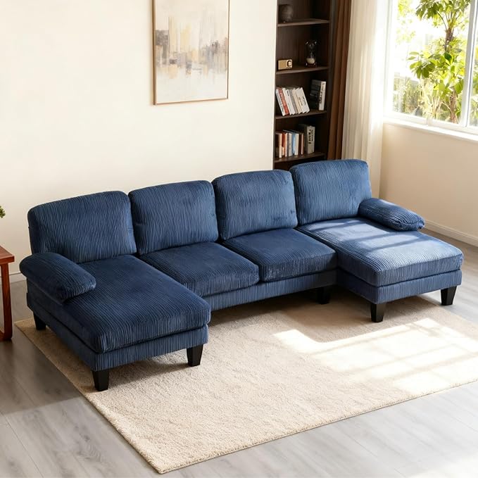 Karl home 111 Sectional Sofa U-Shaped 4-Seat Couch with Chaises Wood Grian Legs Corduroy Fabric Upholstered for Living Room Apartment Office Navy Blue