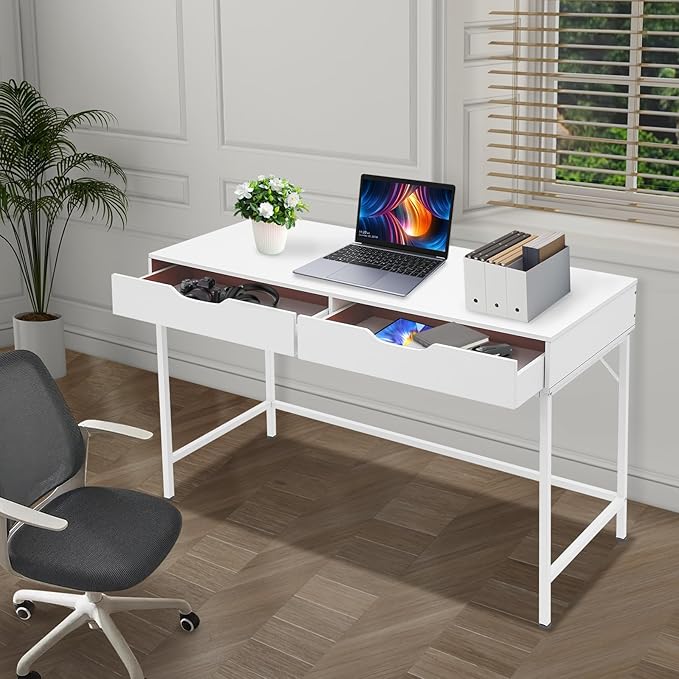 White Computer Desk with 2 Drawers Wooden Makeup Table Modern Simple Makeup Vanity Desk for Home Office Study Room 154lbs Capacity 4724L*19.69W*29.53H inch