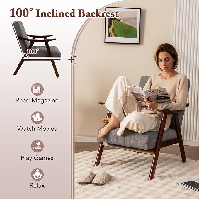 Giantex Mid-Century Modern Accent Chair Upholstered Comfy Living Room Chair with Arms Anti-Slip Felt Pads Wooden Frame Soft Padded Armchair for Living Room Bedroom Office Study Light Grey