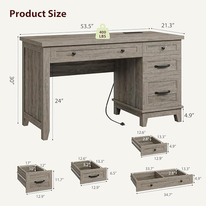 Farmhouse Home Office Desk with Power Outlets &amp USB Ports 53.5 Inch Writing Desk with Adjustable File Cabinet and Storage Drawers Executive Computer Desk for Study Workspace