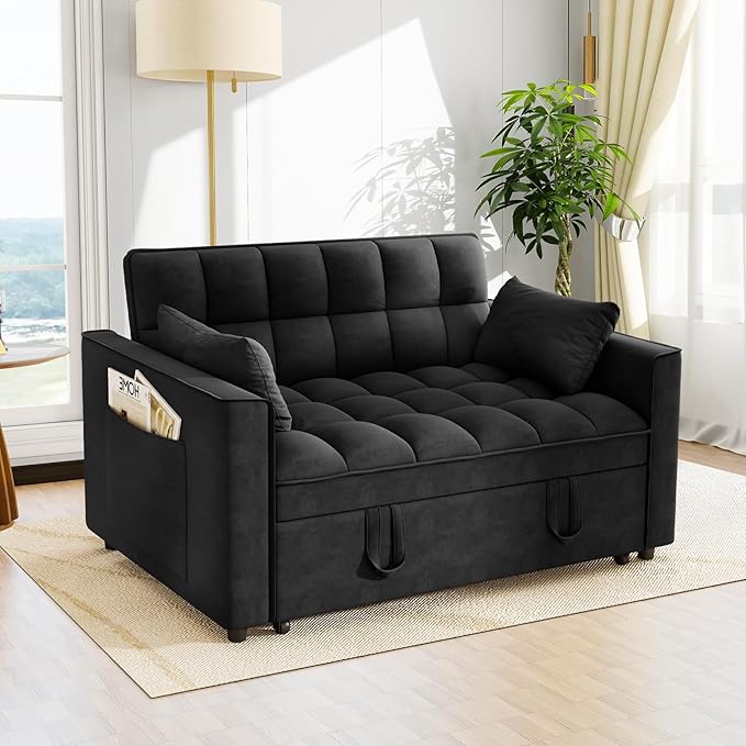 Hison Convertible Sleeper Sofa Bed 3 in 1 Pull Out Couch Bed with Adjustable Backrest Sectional Small couches for Small Spaces Loveseat for Apartment Living Room (Black Velvet)