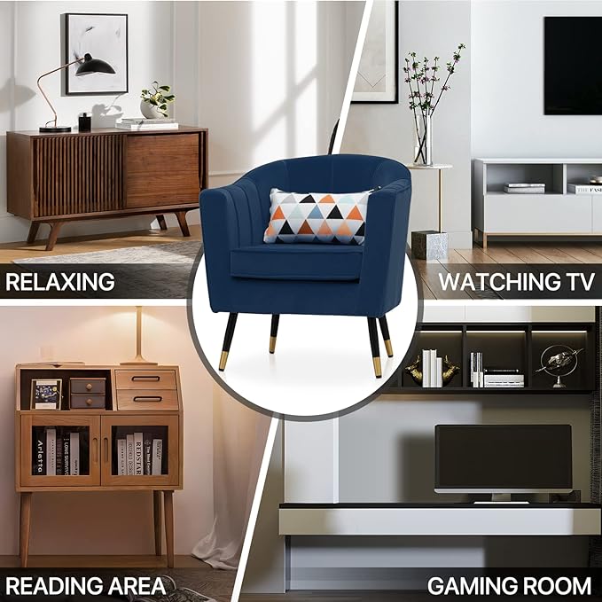 MoNiBloom Modern Accent Chair with Lumbar Pillow Mid-Century Modern Sude Single Sofa Arm Chair for Living Room Durable Upholstered Comfy Barrel Chair w/Gold Metal Legs and Wide Armrest Navy Blue