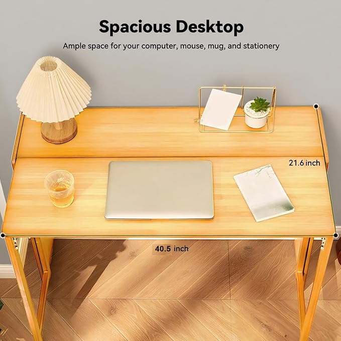 41'' Bamboo Folding Desk with Bookshelf – Space-Saving Computer Desk for Small Spaces Foldable Study Table Mid Century Modern for Home Office &amp Bedroom - Primary Color