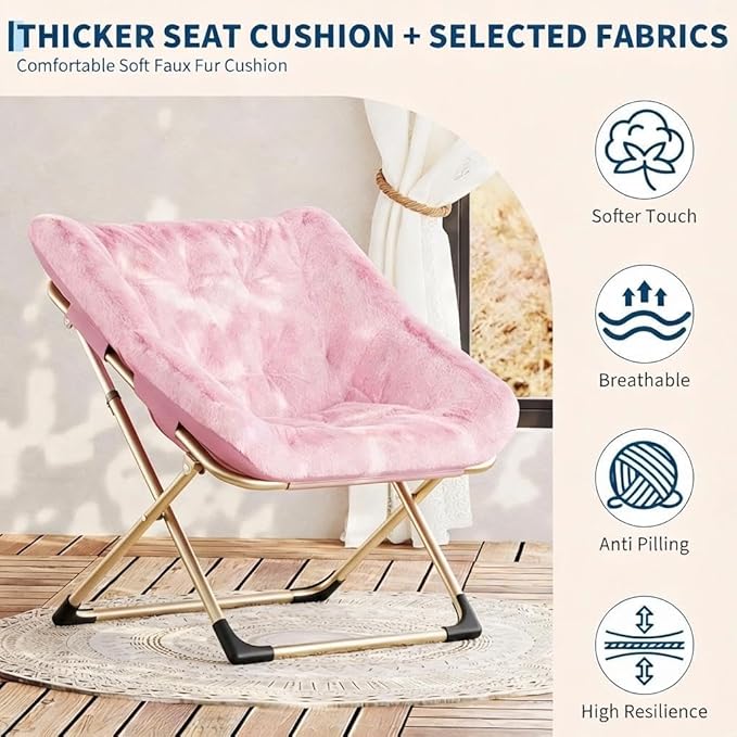 Collapsible Soft Faux Rabbit Fur Saucer Lounge Chair Comfy Lounge Lazy Chair Metal Frame Reading Chairs for Office Living Room Bedroom Small Spaces No Assembly Pink