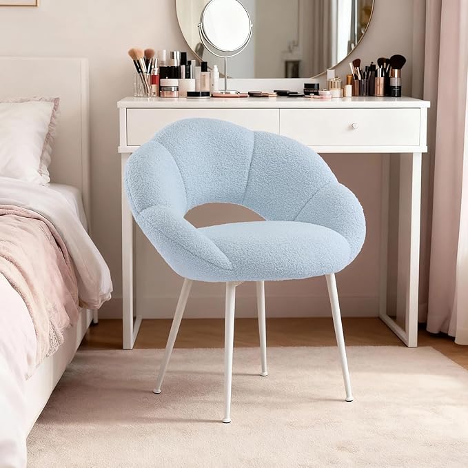 Petal Makeup Vanity Chair with BackUpholstered Makeup Accent Reading Chair No WheelsModern Dining Chair for HomeOfficeBedroomTeddy Plush (Blue)