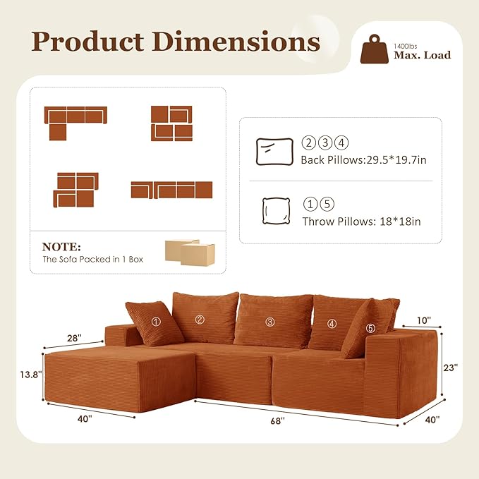 INGEROOM 108 Cloud Sectional Couch with Deep Seat Modular Sofa Memory Foam Boneless Sofa with Movable Ottoman Upholstered Couches for Living Room Bedroom No Assembly Required Orange