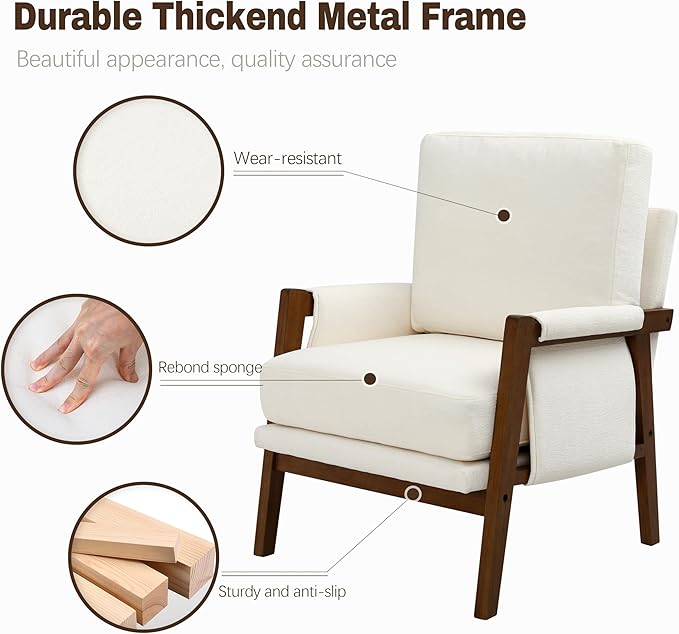Accent Chairs for Living Room Set of 2 Modern Arm Chairs for Bedroom Wooden Upholstered Mid Century Accent Chairs Cream White