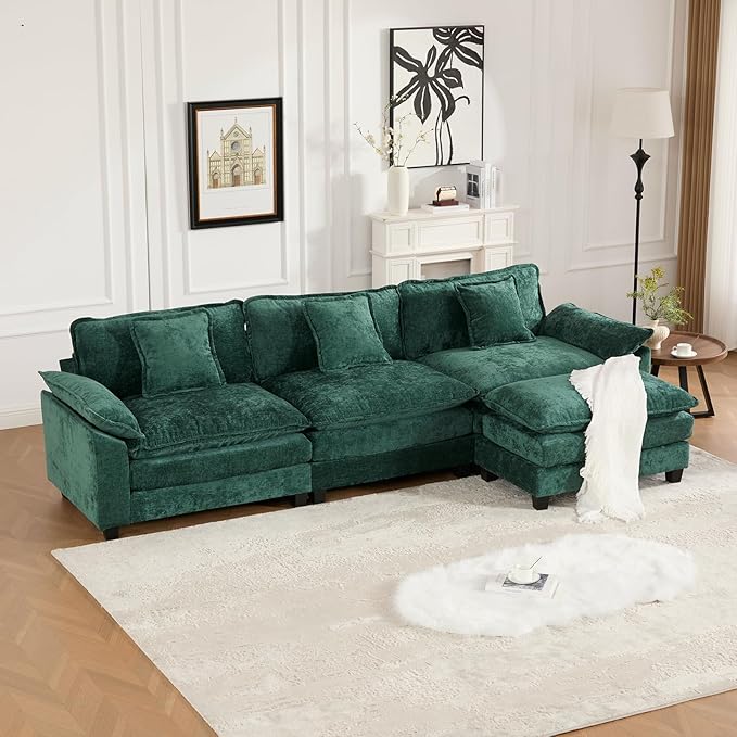 117.3” Green Modular Sectional Sofa 3 Seater Large Sectional Couches for Living Room Chenille Fabric Oversized Cloud Couch with Ottoman Deep Seat Wide Armrest Home Sofas Set Sofá Moderno L Shaped