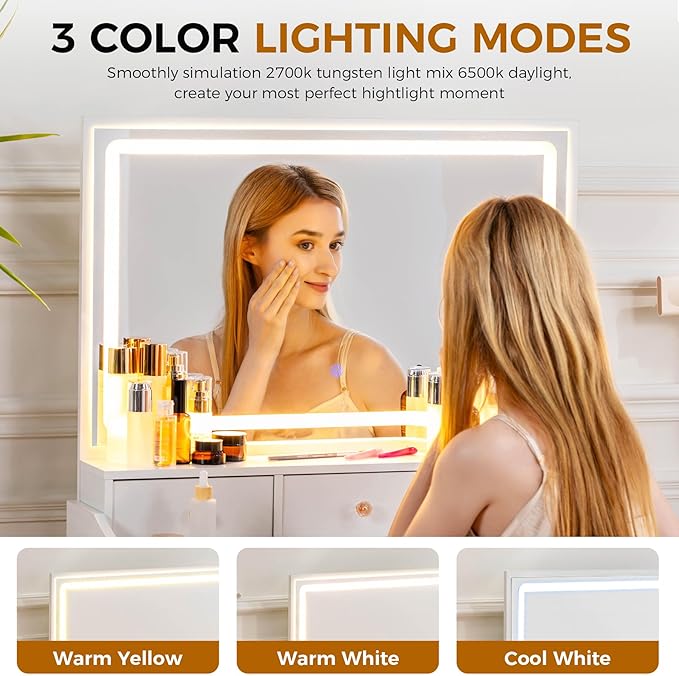 COMHOMA Makeup Vanity Desk with Mirror and Lights Vanity Table and Chair Set with 5 Drawers and Charging Station Bedroom Dresser LED Mirror Stepless Dimmable &amp 3 Color Modes Adjustable Pearl Wh