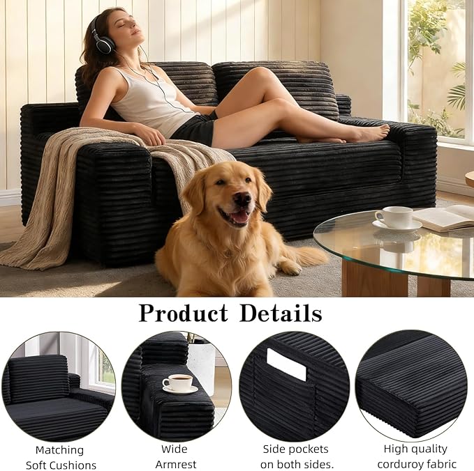 71 Corduroy Cloud Loveseat Sofa Bed Pull Out Convertible 2-in-1 Boneless Couch Deep Seat 2-Seater Design No Assembly Floor Sofa with Side Pockets for Living Room Bedroom Apartment (Black) | Pul