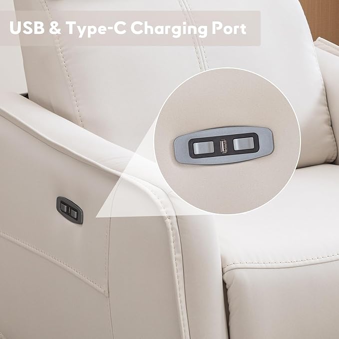 Bonzy Home Power Swivel Rocker Recliner Chair with USB Port Wide Seat Head &amp Lumbar Support Upholstered Glider Chair for Living Room Nursery Bedroom Cream White