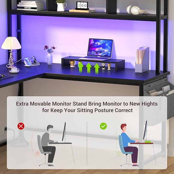 Aheaplus L Shaped Desk with Power Outlet &amp LED Strip Reversible L-Shaped Corner Computer Desks Gaming Desk with Storage Shelf &amp Monitor Stand Modern 2 Person Home Office Desk Writing Desk
