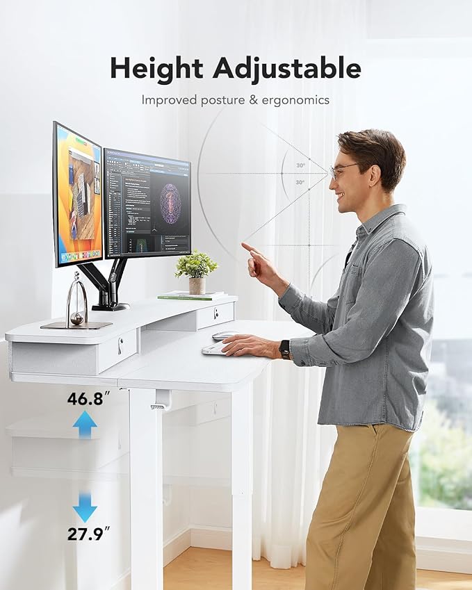 HUANUO 60″ x 30″ Electric Standing Desk with 2 Drawers C-Clamp Mount Compatible Height Adjustable Computer Desk Home Office Stand Up Desk with 4 Preset Heights &amp 2 Hooks White