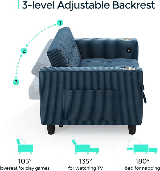 LINSY Sleeper Sofa Bed 54 Pull Out Couch with Charging Station &amp Cup Holder Small 3 in 1 Convertible Loveseat Sleeper Couch for Apartment Dorm Room Bedroom and Small Space Corduroy Blue