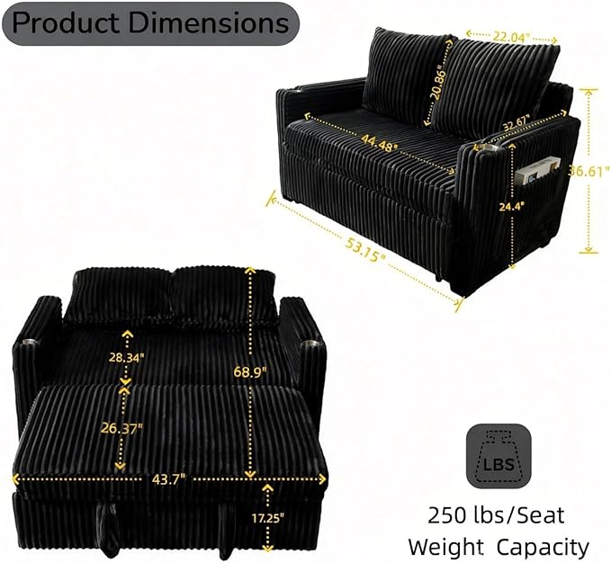 Dreamzie 53 Pull Out Couch 3 in 1 Convertible Sleeper Sofa Bed Corduroy Fabric Double Loveset with Pull Out Bed USB Port Side Pockets and Cup Holders for Living Room and Apartment Black