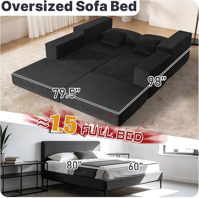 79.5 Sectional Boneless Modular L-shaped Couches for Living Room Small Spaces Convertible Oversized Sleeper Sofa Bed-Luxury 1.5 Full Bed. Corduroy Futon Floor Couch with Non-Slip Base Black.