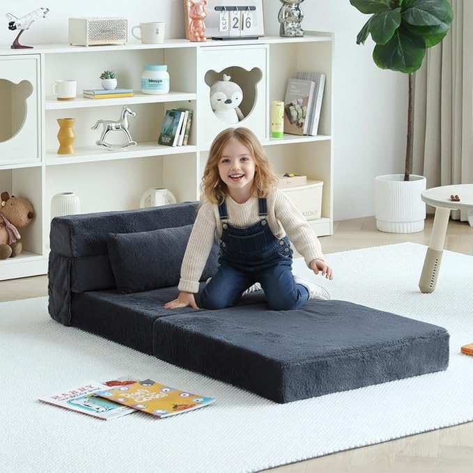 Tiita Convertible Folding Kids Sofa Bed with Pillow &amp Storage Bag Plush Fabric Floor Mattress Couch Bed Washable Cover Kids Room Playroom Dorm Apartment Navy