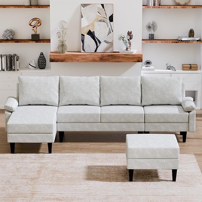 115 Inch Modular Sectional Sofa with Storage Ottoman Modern L-Shaped Sectional Couch with Chaise Chenille Couch for Living Room Apartment or Small Spaces Off-White