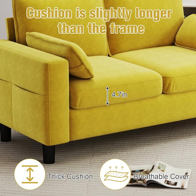 MOTION Loveseat Modern Sofa - Mid Century Couch with Soft Armrest Pillows for Living Room Comfy Office Furniture with Deep Seats Mustard Yellow