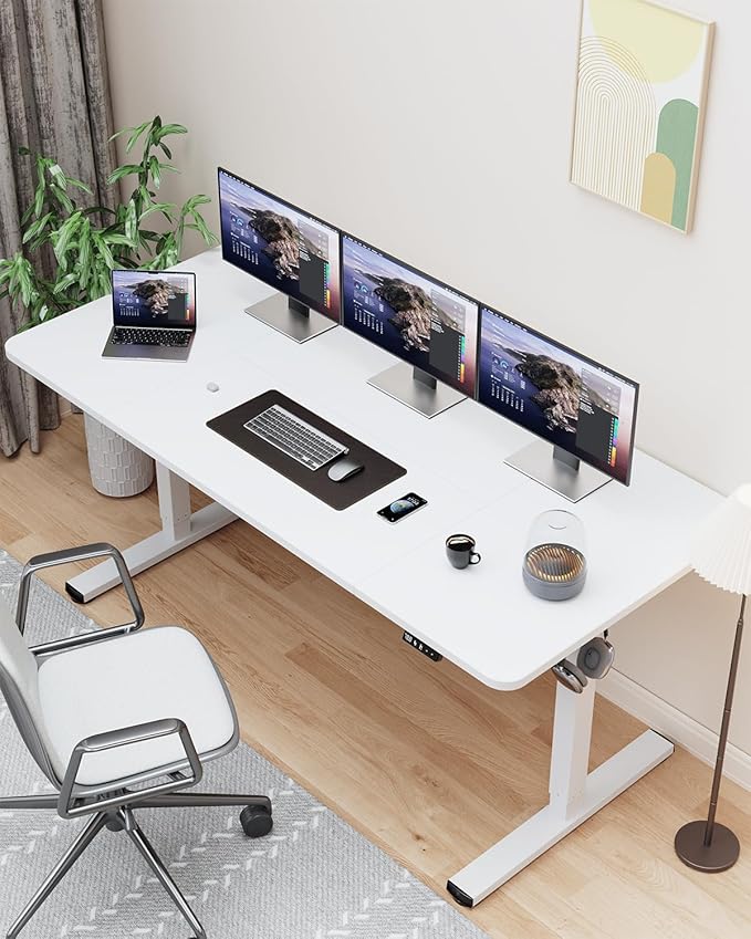 Standing Desk Large Height Adjustable Electric Stand up Desk 63 x 24 Inches Sit Stand Home Office Desk with Splice Board White Frame/White Top
