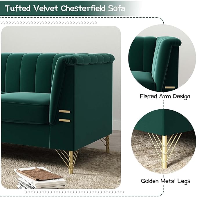 Tomkate Emerald Green Velvet Couch Sofa 83 Mid-Century Modern Tufted Chesterfield Sofa with Flared Arms and Removable Cushions Comfy 3 Seater Couch with Gold Metal Legs for Living Room (Green)