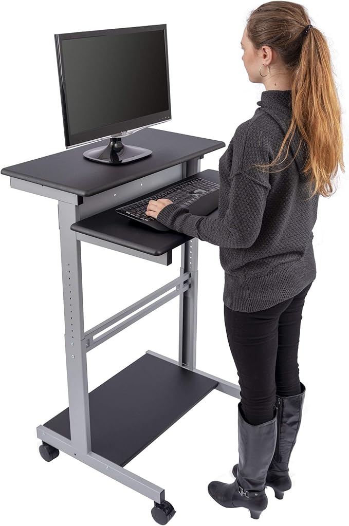 S STAND UP DESK STORE Rolling Adjustable Height Two Tier Standing Desk Computer Workstation (Silver Frame/Black Top 32 Wide)