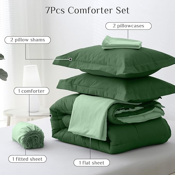 JOLLYVOGUE California King Comforter Set Ultra-Soft Bed in a Bag 7 Pieces Oeko-TEX Certified Bedding Set with Down Alternative Comforter Sheets Pillowcases &amp Shams Dark Green &amp Light Gree