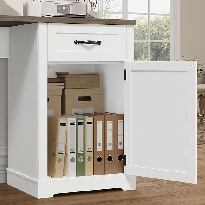 HIFIT Farmhouse Executive L Shaped Desk with Power Outlets 60 Corner Computer Desk with 3 Storage Drawers &amp 2 File Cabinets L Shaped Home Office Desk for Study White