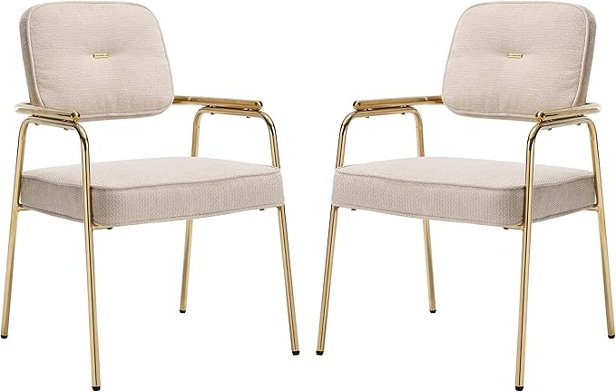 Accent Chair Dining Chair Set of 2 Chenille Upholstered Armchair Reading Side Chair Comfy Living Room Chair with Gold Metal Legs for Bedroom Waiting Room Beige
