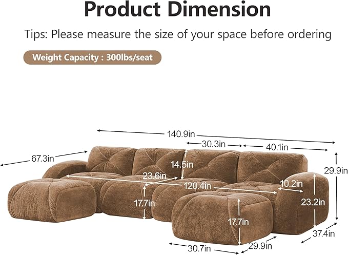 KEIKI 141 U-Shaped Velvet Modular Sectional Sofa with High-Density Foam Cushion &amp 4 Pillow &amp 2 Ottoman Compressed Boneless 4-Seater Tufted Couch No Assembly Required for Living Room Camel