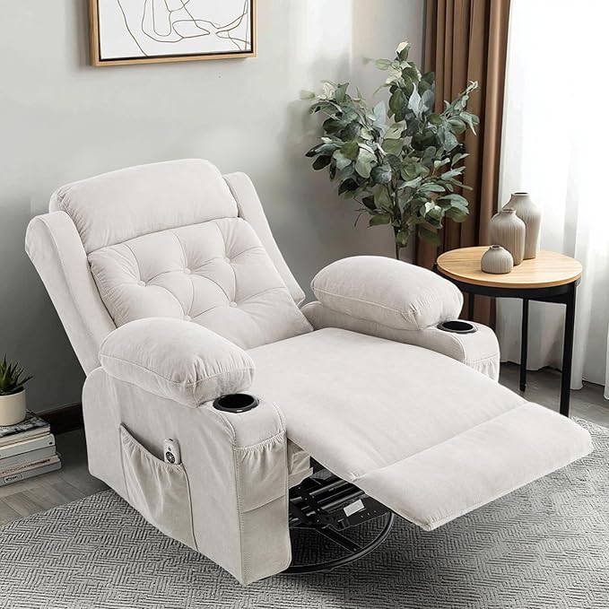 Rocker Swivel Recliner Chair with Massage and Heat Rocking Nursery Recliners Overstuffed Lounge Chair for Living Room Manual Recliner Mid Century Sofa Chairs with Cup Holders White