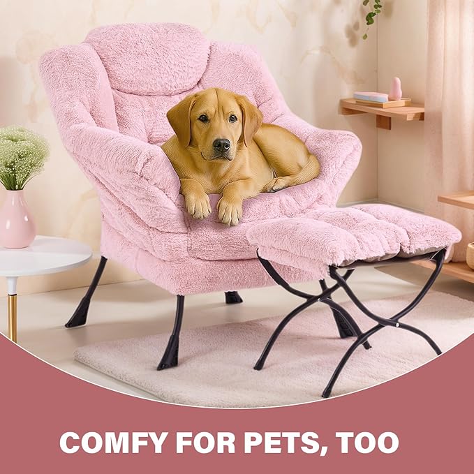 Tiita Lazy Chair with Ottoman Pink Modern Large Accent Chair Comfy Leisure Sofa Armchair with Ottoman Reading Chair with Footrest for Bedroom Living Room Dorm Rooms Plush Pink